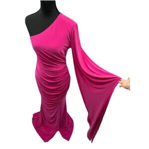 Club L London Hot Pink One Shoulder Ruched Maxi Dress Flared Sleeve Gown Size 6